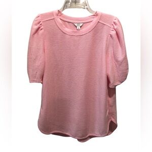 Crown & Ivy Large Pink Ribbed Knit Short Sleeve Blouse Puff Rouched Sleeves